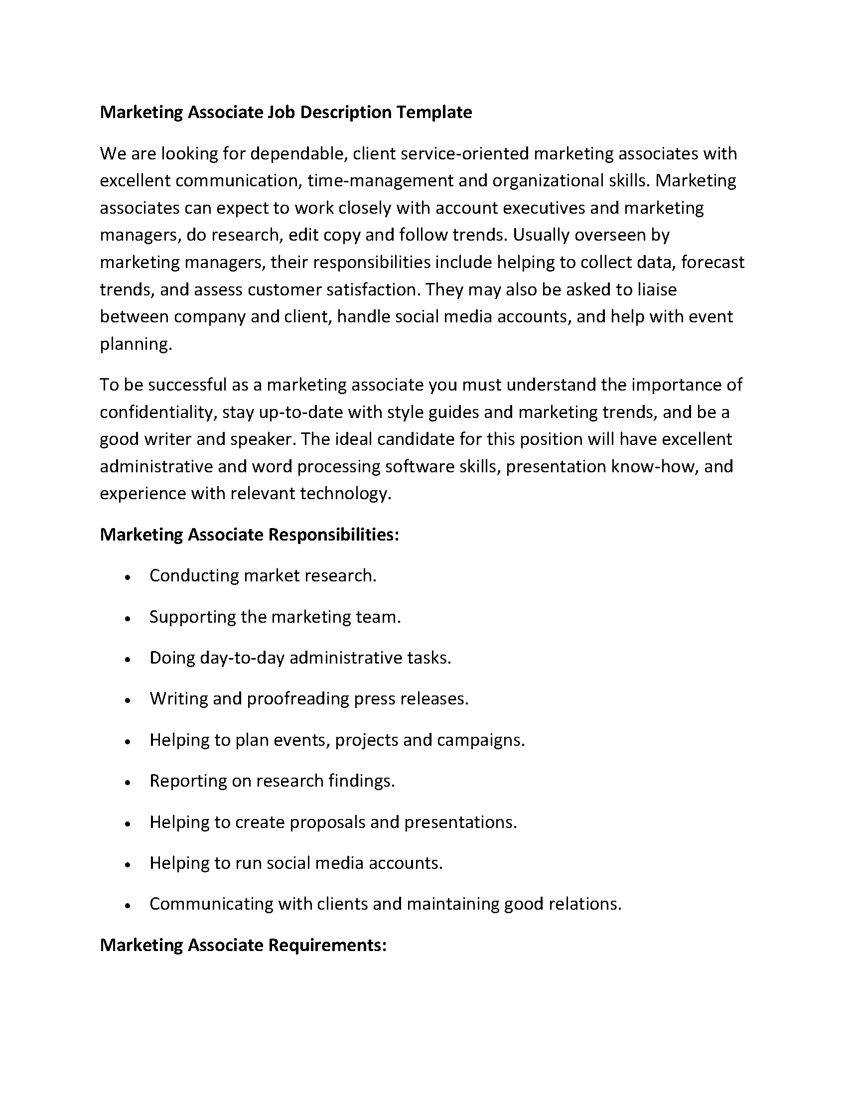 Marketing Associate Job Description Template